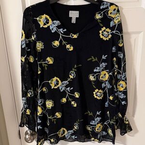 Susan Graver Black V-neck Floral Embroidered Mesh Top Lined Liquid Knit Small